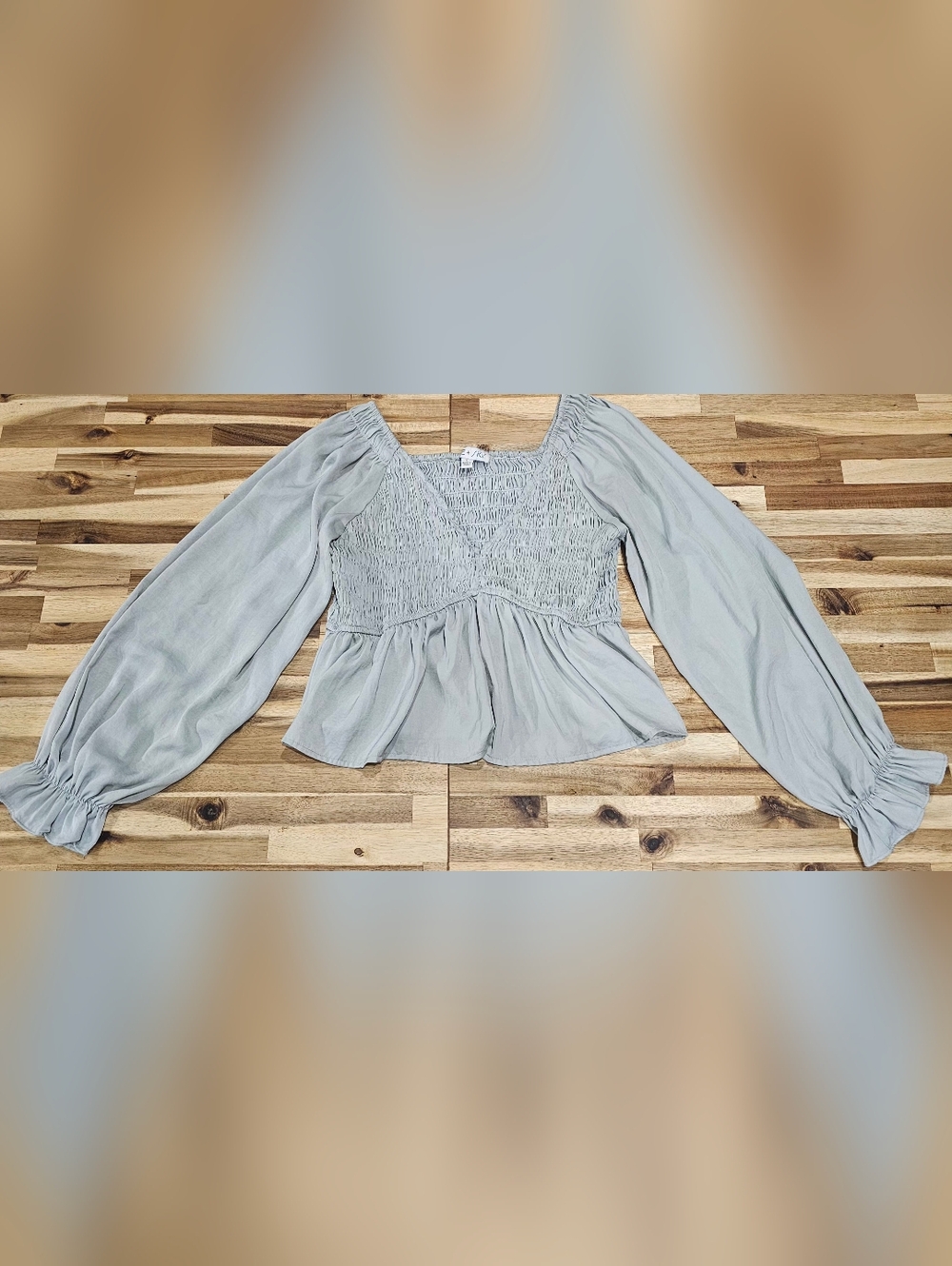 She + Sky Light Sage Smocked Peplum Long Sleeve Blouse